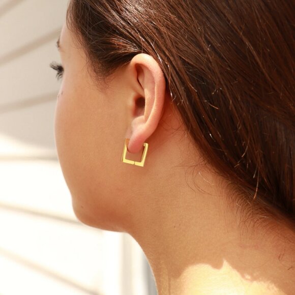 Silver Square Huggie Hoop Earrings – Water & Tarnish-Resistant & Hypoallergenic - Picture 2 of 4